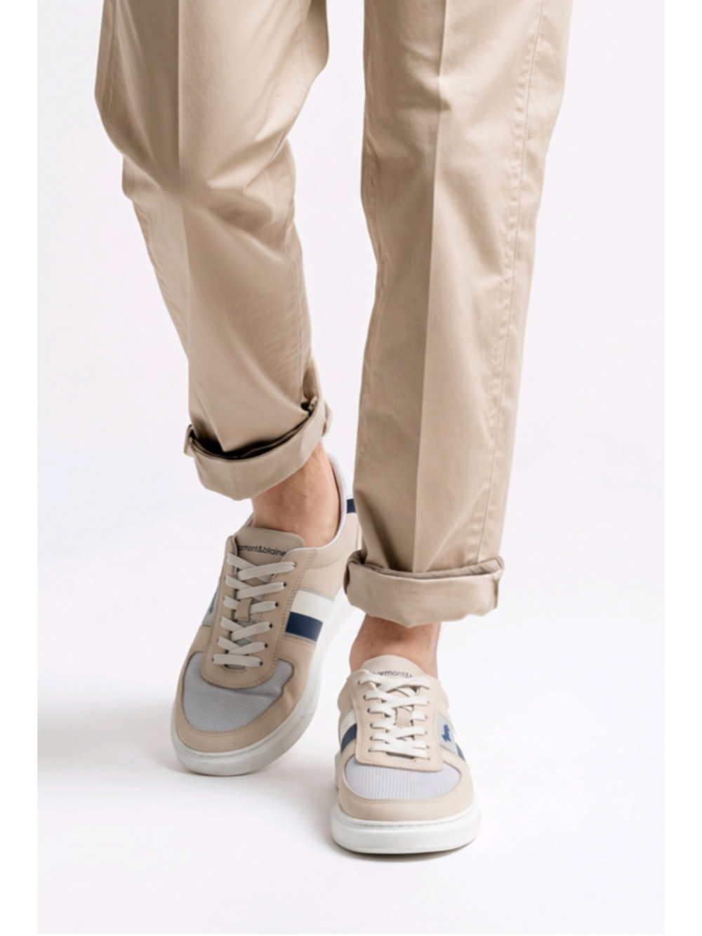 Men's Harmont & Blaine Sneakers in Beige and Blue with Side Logo - Picture 2 of 14